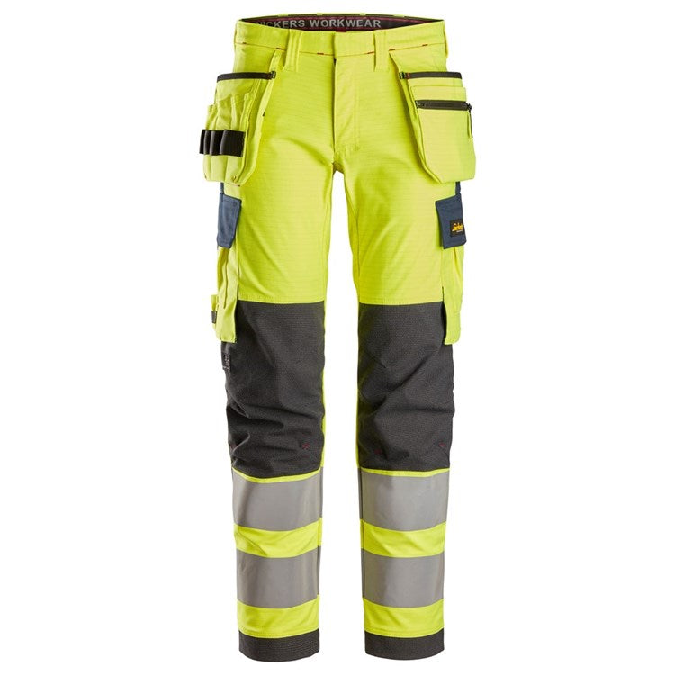ProtecWork, Pantalon de travail extensible avec poches holster haute visibilité, Classe 2