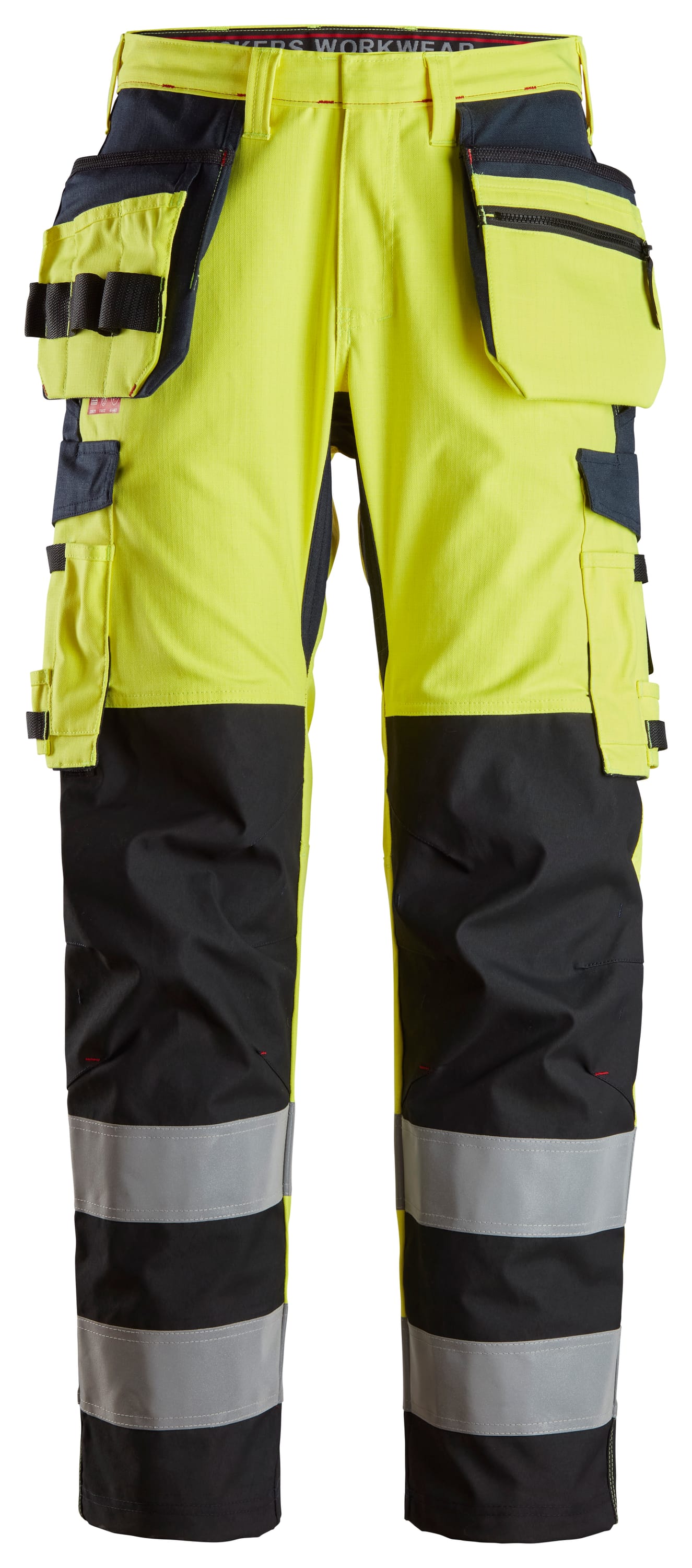 Protec Work, Pantalon de travail renforcé au niveau de tibia avec poches holster haute visibilité, Classe 2